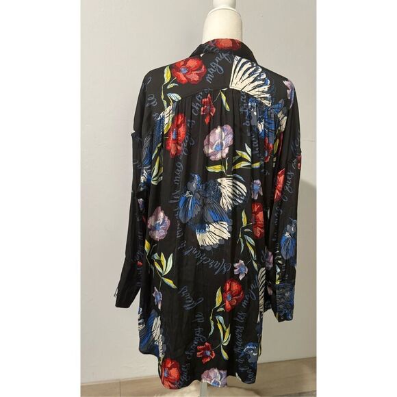 Free People black floral bird print long sleeve button front top SP - Picture 6 of 10